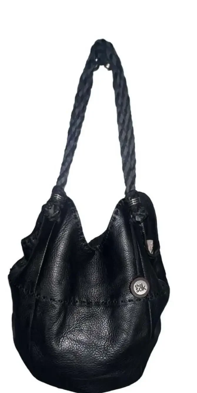 The Sak Black Leather Slouchy Bucket Hobo Shoulder Bag with Braided Strap